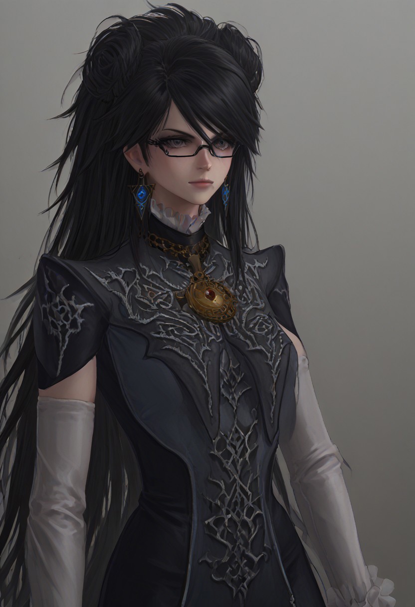 ,score_9, score_8_up, score_7_up,<lora:brawl_style_1_2_R:0.8>, 1girl, brawl, bayonetta 2, Black Hair, Very Long Hair, Epic Hair, Big Hair, Wavy Hair, Ponytail, Dual Bun, Brawl Stars Style, Blue Triangle Earrings, Gray Eyes, White Long Gloves, Long Sleeves, Black Skirt, Eyeglasses, Half Body, {{Sakimichan Style}}, source_anime