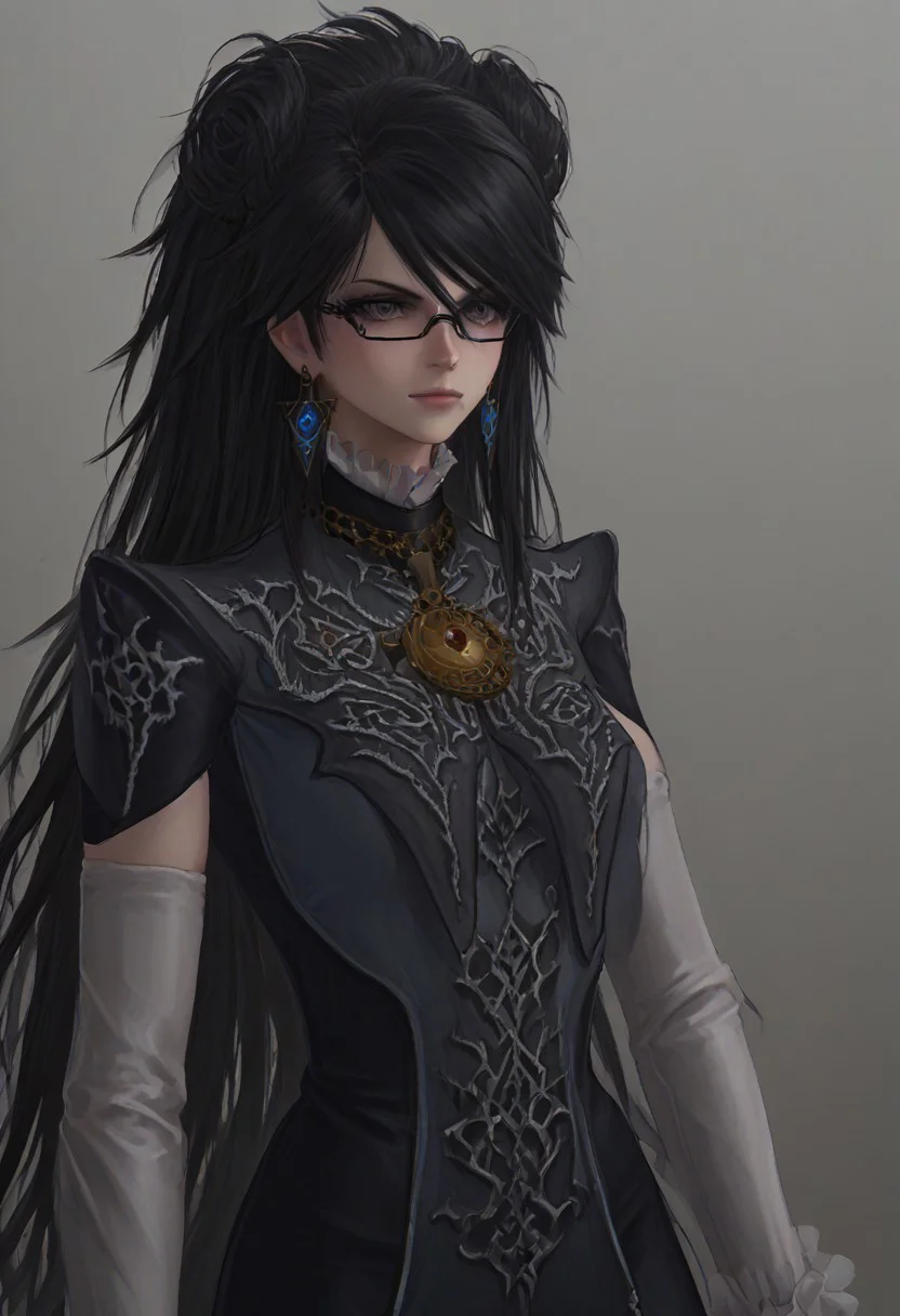 ,score_9, score_8_up, score_7_up,<lora:brawl_style_1_2_R:0.8>, 1girl, brawl, bayonetta 2, Black Hair, Very Long Hair, Epic Hair, Big Hair, Wavy Hair, Ponytail, Dual Bun, Brawl Stars Style, Blue Triangle Earrings, Gray Eyes, White Long Gloves, Long Sleeves, Black Skirt, Eyeglasses, Half Body, {{Sakimichan Style}}, source_anime
