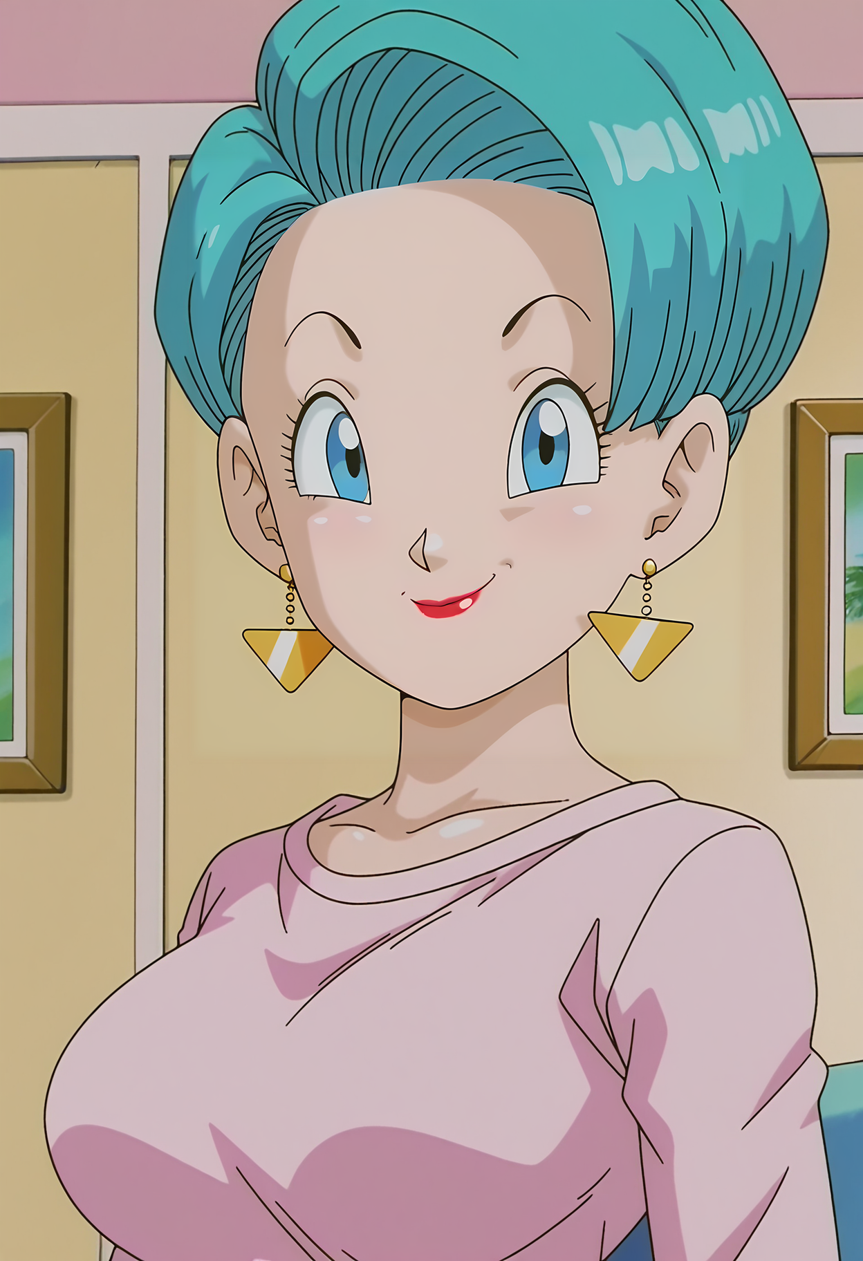 1girl,solo,mm,mature female,earrings,short hair,blue eyes,aqua hair,lipstick,anime coloring,
large breasts,shirt,upper body, looking at viewer, smile,indoors
,masterpiece,best quality,amazing quality,<lora:Bulma-Dragon_Ball_GT_ix:1>