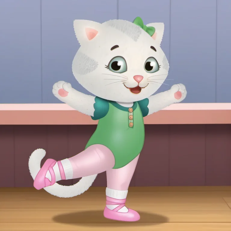 1girl, solo, kkdtn1, (green eyes), ballet dancing, open smile, :3, whiskers, hair bow, green leotard, cat ears, cat, furry, pirouette, standing on one leg, dynamic dance, furry female, socks, tail, animal ears, full body, looking at viewer, pink ballet shoes, cat tail, short, <lora:kkdtn1:1>,