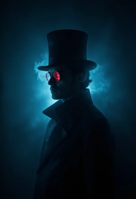 heavy motion blur, the blue aura surrounding a dark elongated shape of a human in black overcoat and top hat wearing round glasses reflecting the color red, dark background, minimalistic partial face visible, dark, menacing, artistic, ethereal, calm, surreal, indistinct, glowing, beautiful