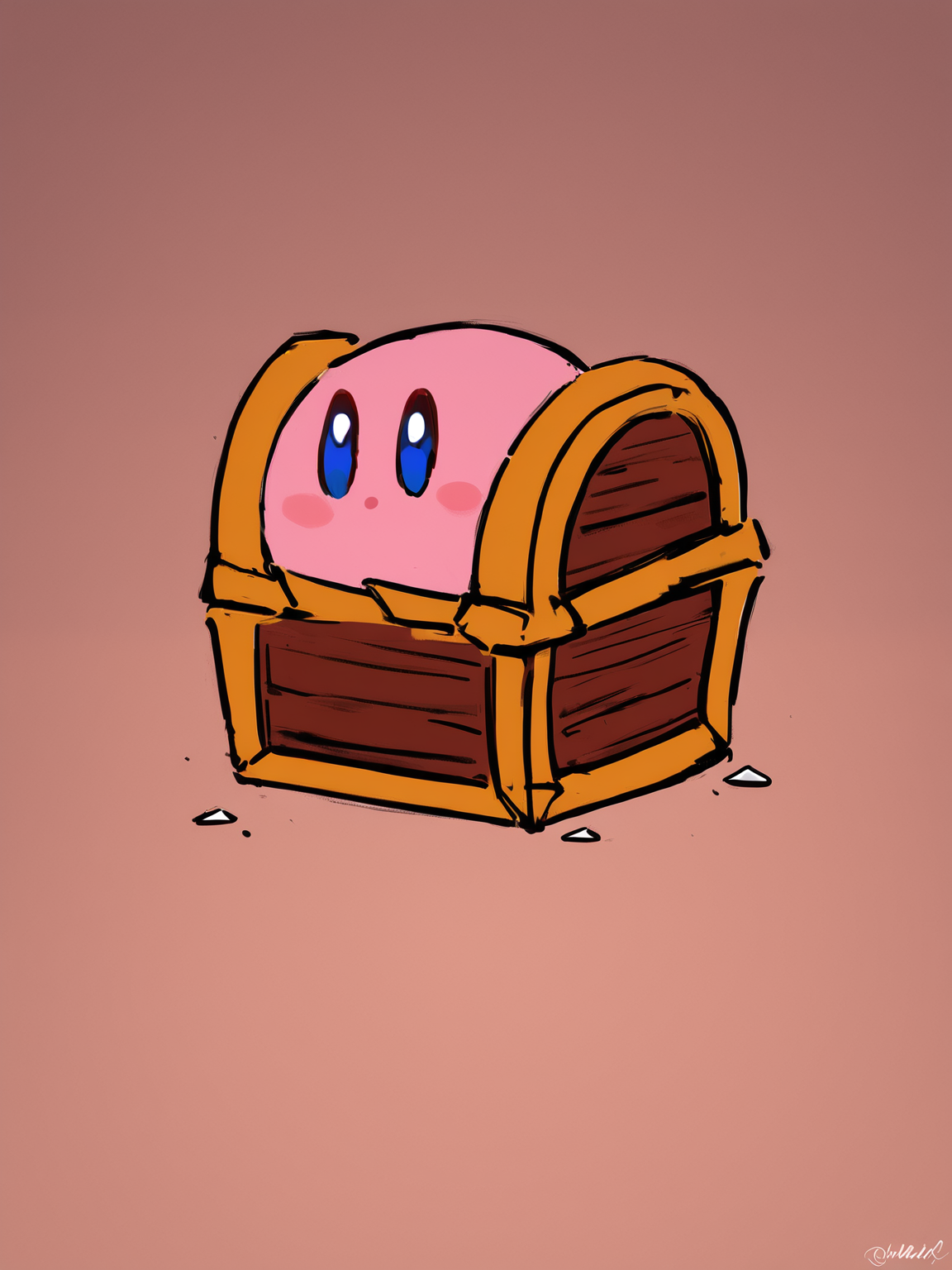 kirby holding up a mimic, 
 <lora:Mimic_ani3.1_XL:1>