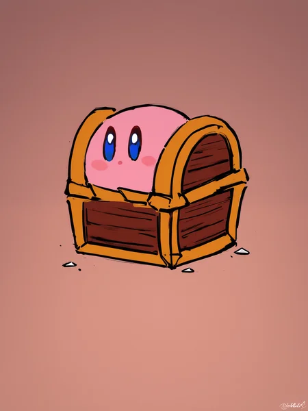 kirby holding up a mimic, 
 <lora:Mimic_ani3.1_XL:1>