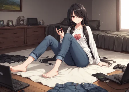 score_9, score_8_up, score_7_up, score_6_up, score_5_up, score_4_up, , scenery, masterpiece, best quality, very aesthetic,, game controller, ,wooden floor, keyboard (computer), , disposable cup, , phone, laptop, , cellphone, controller,bed, messy room,TV,
, looking at viewer, laying, modeling on bed, <lora:Kurumi_Tokisaki:0.8> black hair, red eye, long hair, twintails, hair over one eye, yellow eye, heterochromia, clock eye black, tshirt, jeans, sitting, smiling,legs kicking, ,smiling, , ,, looking at viewer,