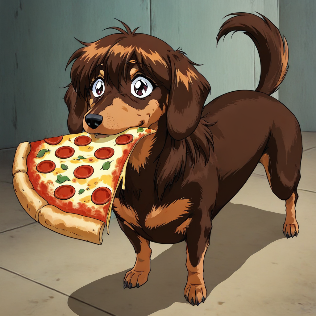 masterpiece, best quality, newest, absurdres, highres, vintage anime, 90s anime, DSV1.1-IL, dachshund, dog, animal focus, animal, DSV1.1-IL-PizzaDog, pizza, food,