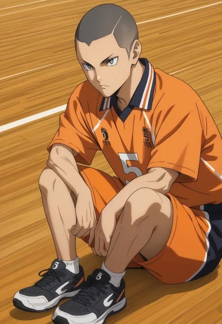 score_9, score_8_up, score_7_up, source_anime, rating_safe, Tanaikyu, 1boy, male focus, anime screencap, grey eyes, black buzz cut, orange Karasuno shirt, orange Karasuno shorts, black sneakers, sitting,