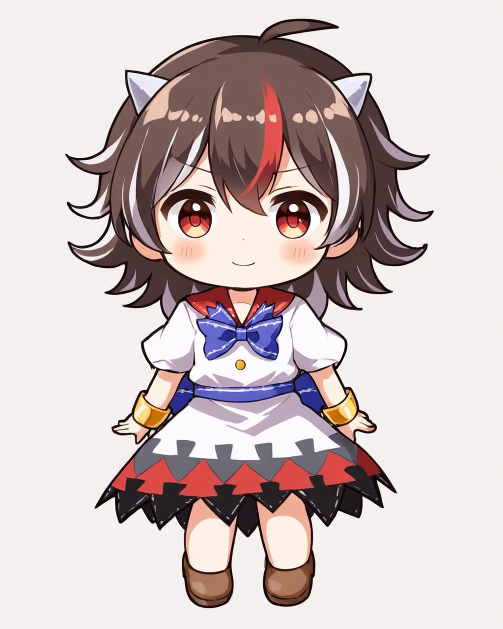 kijin seija,1girl, horns, solo, white_background, simple_background, brown_footwear, smile, blue_bowtie, looking_at_viewer, white_dress, closed_mouth, full_body, bracelet, multicolored_dress, v-shaped_eyebrows, chibi, white_shirt, skirt, doll, puffy_short_sleeves, blush, sitting, buttons, arrow_\(symbol\)
<lora:kijin_seija_image4523_2023-12-20-000008:1>,star-shaped_pupils,symbol-shaped_pupils,. gorgeous,key visual, vibrant, studio anime,award-winning, professional, highly detailed,high budget, cinemascope