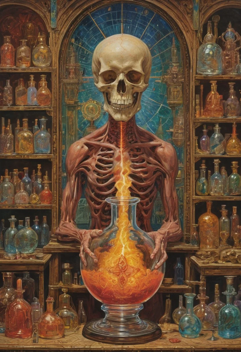 (art by Eduard Wilhelm Pose and Master of the Holy Blood and Ivan Bilibin:1.1), symmetry and balance, detailed, FastNegativeV2, ral-dissolve,Completely (James Ensor,Unica Zurn,Zdzislaw Beksinki:1.25), Paranormal, Apparition, intricate, oil on canvas, (surrealism:1.1), detailed, FastNegativeV2, amazing quality, masterpiece, best quality, hyper detailed, ultra detailed, UHD, perfect anatomy, (Award winning, masterpiece), alchemist, glass vial, flasks, vibrant colors, iridescent, alchemist laboratory, laboratory glassware