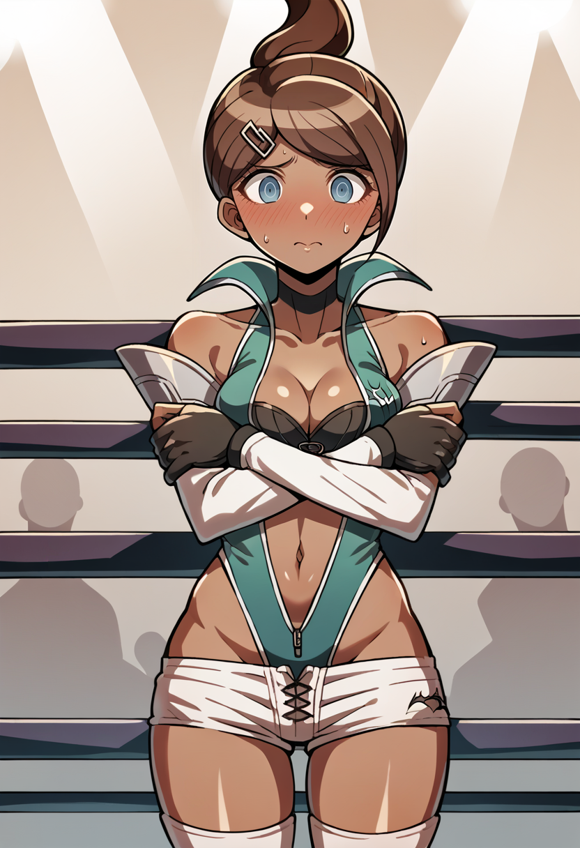 score_9, score_8_up, score_7_up, source_anime BREAK 1girl, solo,
<lora:Asahina Aoi0doughnut:1> Hina, brown hair, ponytail, blue eyes, dark-skinned female,
<lora:zs_FighterArmorXL:1> p4fighterarmor, leotard, cleavage, navel, shorts, sleeveless, gloves, knee boots, choker,
cowboy shot, wrestling ring, gym, heavy blush, embarrassed, arms crossed, looking at viewer
