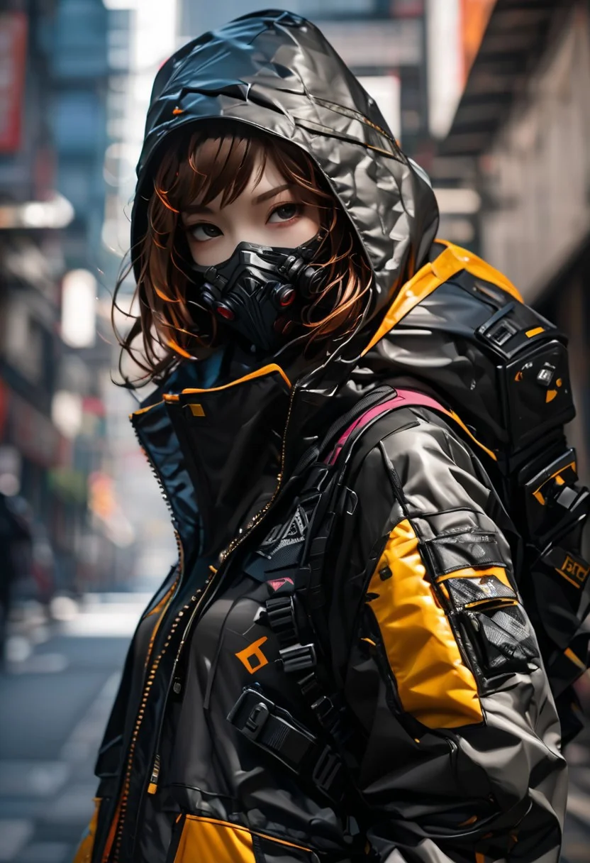 masterpiece,high resolution,shadow detail,natural light,
 <lora:TechWearXL:0.8>,
techwear, 
1girl, solo, blurry background, , mask, looking at viewer, hood, jacket