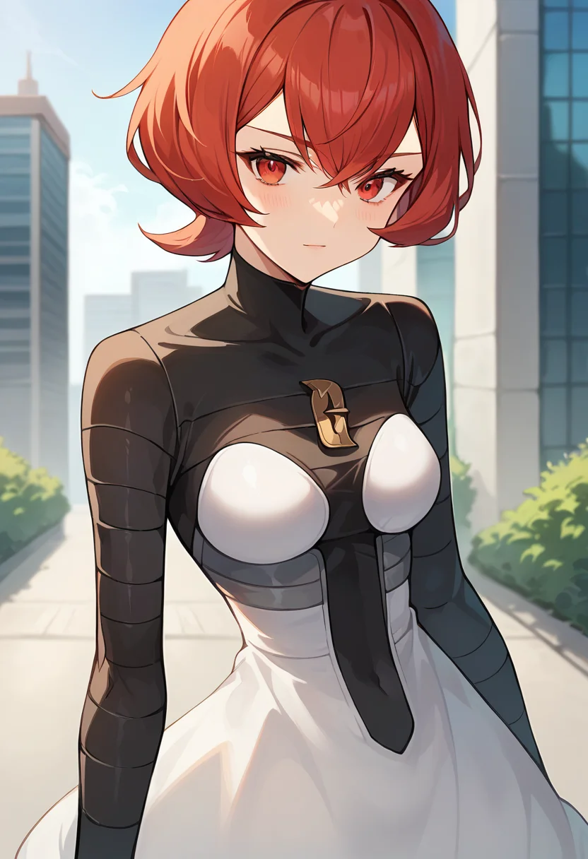 score_9, score_8_up, score_7_up, source_anime, masterpiece, 1girl, red hair, ctianm4rs, bodysuit, white short dress, outdoors, city, depth of field, looking at viewer, close-up, <lora:Mars_pokemon_pony_ct_version2:1>