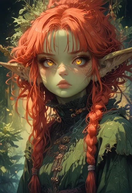 (Score_9:1.1), score_8_up, score_7_up,
(glimmer,glitter,limited lighting, high contrast, highres, closed_mouth:1.4, absurdres),(leaning forward:0.4)
Fl0ralD0lls ,Goblin
solo, short stature, shortstack, pointed ears, big eyes,goblin ears, goblin woman, green skin, big eyes, glimmering eyes, (black sclera, slit pupils, yellow iris, glowing iris), (ferns:1.3), realistic, focus on face, hime cut, red hair,((hair in very long single braids)), big lips, full lips, glossy lips, matte skin, matte colours
