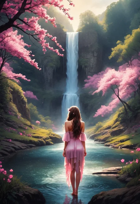 a young feminine woman. 25 years. long brown hair. brown eyes. small breasts. transparent, tight dress that falls down the legs like a waterfall. loving gaze into the distance. nature. waterfall in the back. trees. pink flowers. little sweet, fluffy bunny
best quality, ultra-detailed, very aesthetic, illustration, perfect composition, intricate details, absurd, atmospheric lighting, streaks of light
Masterpiece, vibrant colors, very detailed, midjourneyv6.1, detail background, Shine colorful, perfect, perfection, perfection style, realistic photo, fFaceDetail, eyedetailpxl, conysv3-1400