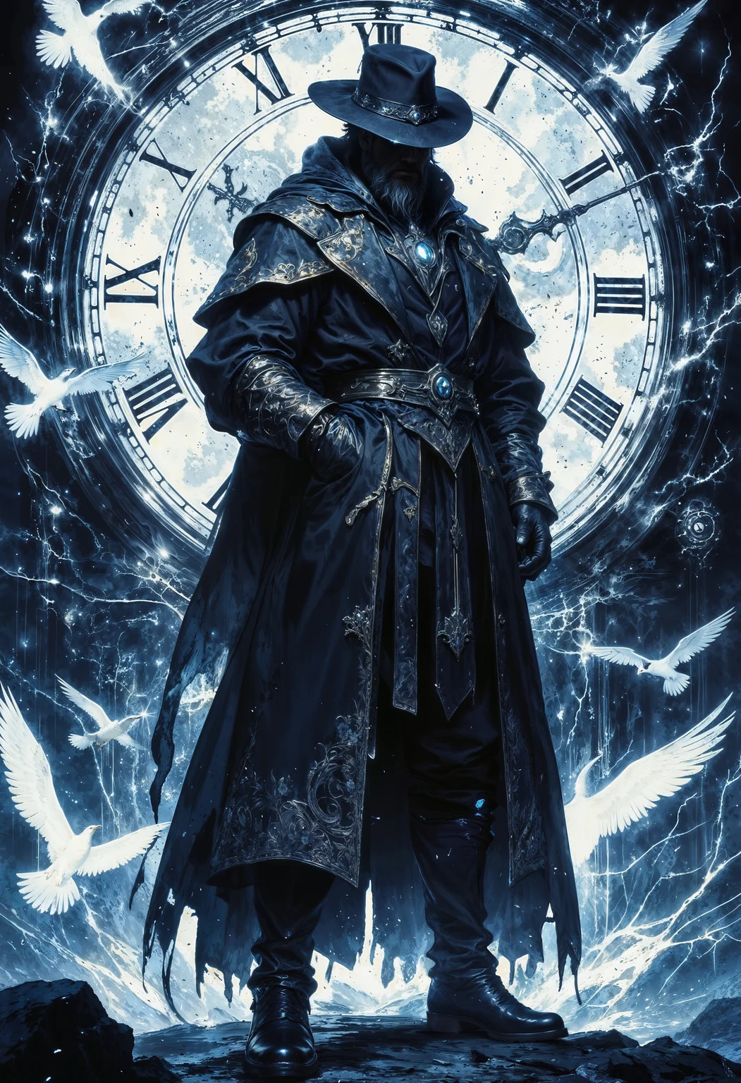 a mysterious, steampunk-inspired character standing in a dramatic pose. The character is dressed in a long, intricately detailed dark coat with ornate patterns, a wide-brimmed hat, and leather boots. The face is partially obscured by the hat's shadow, adding to the enigmatic aura. The background showcases a large, antique clock with Roman numerals, surrounded by dynamic lightning and ethereal white birds, enhancing the fantastical atmosphere. The color palette is dominated by dark tones with striking contrasts of white and blue lightning, creating a sense of tension and energy. The overall composition is vertical, with the character centrally positioned, exuding a sense of power and mystery. hkchrono