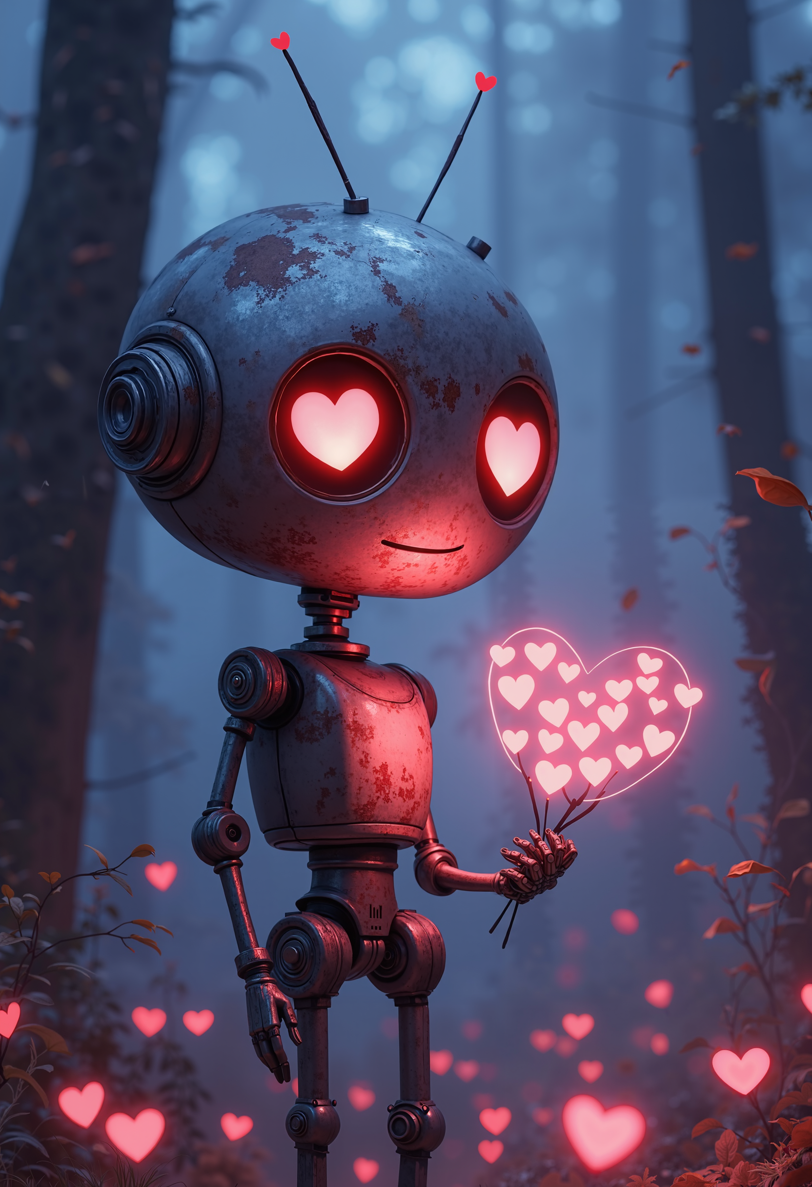 bo-romance, a highly detailed, digital artwork depicting a whimsical, vintage robot standing in a forest at night, the robot, with a metallic, rusted body and a round, metallic head, its eyes are large and glowing red, with two small, heart-shaped cutouts in the center, giving it a romantic and whimsical appearance, in its right hand, it holds a small bouquet of small, pink hearts that glow with a soft, warm light, adding a romantic touch to the scene, the background is a dense forest with tall, slender trees and a soft blue hue, creating a dreamy, ethereal atmosphere, the ground is covered in fallen leaves and grass, and scattered around the robot are small, glowing red hearts, adding to the romantic ambiance, the overall color palette is dominated by blues, purples, and reds, enhancing the romantic and dreamlike quality of the image, the texture of the robot's metallic surface is slightly worn, suggesting it has been around for some time, while the hearts in the bouquet add a touch of whimsy and romance, the artwork is highly polished, with meticulous attention to detail, making it both visually striking and captivating<lora:boFLUX Romance Abyss.safetensors:1.0:1.0>