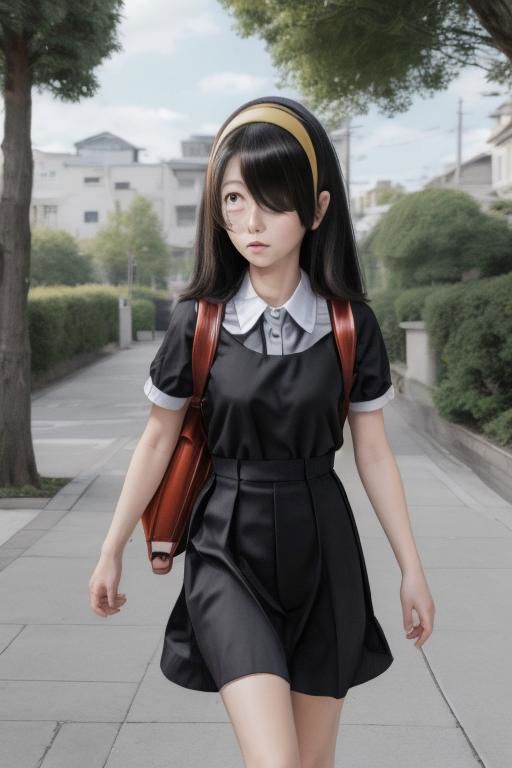 Photo of nishimura akane, solo, (masterpiece,best quality:1.2), black hair, (((hair over one eye))), hairband, medium hair, sanpaku, orange headband, dress, randoseru, school uniform, backpack, bag, bag charm, black dress, skirt, black skirt, solo, glowing_bright, Artstation, HD, Deviantart, by WLOP, dynamic shot