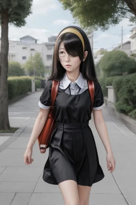 Photo of nishimura akane, solo, (masterpiece,best quality:1.2), black hair, (((hair over one eye))), hairband, medium hair, sanpaku, orange headband, dress, randoseru, school uniform, backpack, bag, bag charm, black dress, skirt, black skirt, solo, glowing_bright, Artstation, HD, Deviantart, by WLOP, dynamic shot