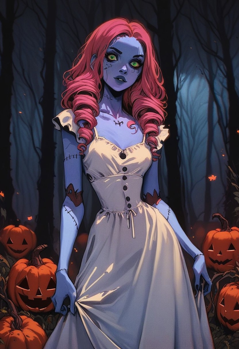 score_9, score_8_up, score_7_up, score_6_up, hllwn, halloween, vintage, 1girl, pink hair, long drill hair, green eyes, stitches, sundress, patchwork clothes, narrow waist, colored skin, blue skin, halloween, pumpkins, dark forest, portrait