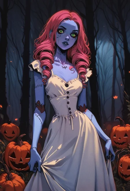 score_9, score_8_up, score_7_up, score_6_up, hllwn, halloween, vintage, 1girl, pink hair, long drill hair, green eyes, stitches, sundress, patchwork clothes, narrow waist, colored skin, blue skin, halloween, pumpkins, dark forest, portrait