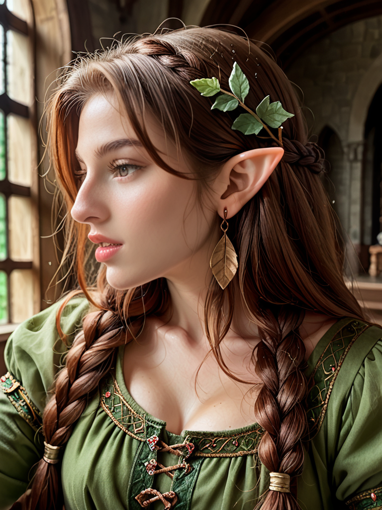 Score_9, score_8_up, score_7_up, realistic, profile, bignoselady, medieval era, elf woman, <lora:Big_Nose_Ladies:1.2>, bignoselady, large nose, aquiline, (nose bump), 1girl, solo, jewelry, tiny breasts, cleavage, sagging breasts, drooping breasts, elven ears, ornate earrings, hair ornament, leaf motif, fringe bangs, very long hair, thin braids, very tight tunic, lowcut tunic, (parted lips, bow shaped lips, cupids bow, big lips, full lips), gap teeth, moist lips, moist mouth, dewey, glow, backgrond is medieval castle interior