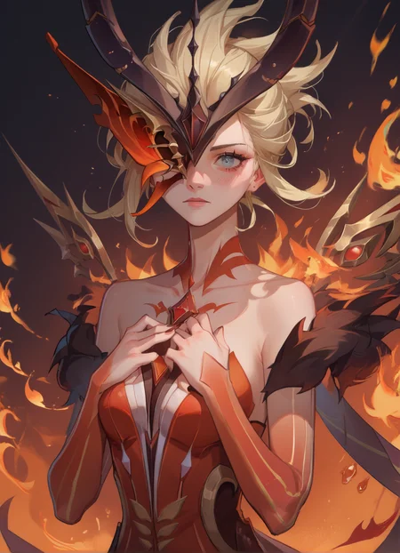 of score_9, score_8_up, score_7_up, source_anime,upper body, fire, blush, hands on the chest, upper body, solo, 1girl, signorawitch, mask, blonde hair,one eye, <lora:signorawitch:0.8>