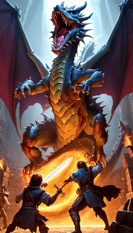 Cinematic scene, hero view, hyperdetailed picture of adventurers fighting a dragon in a dungeon, action pose, detailed background, masterpiece, best quality, high quality, highres, absurdres, vivid, Dungeons and Dragons <lora:dungeons_and_dragons_xl_v3:1>