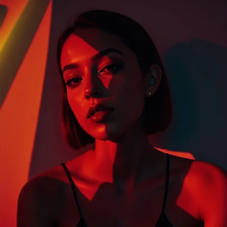 Color photo of a shadowed French Japanese girl woman. shdwCE_style. studio light photography, analog raw photo, A glamorous fashion model in a futuristic rendition of couture style, fantastic aesthetic, fashion magazine style, tilted 5 degrees. dynamic pose, hyperrealism