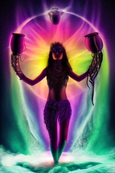 Ice girl dances in the snow, beats a tambourine. Arctic, The night sky with the aurora borealis (An image with very contrasting and vivid psychedelic colors) (OverallDetail, DaSa, psychedelic)