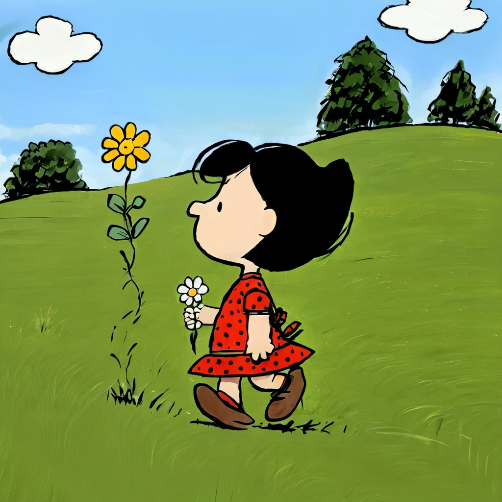 pampeanut girl, walking on a meadow, carrying a flower, 2d