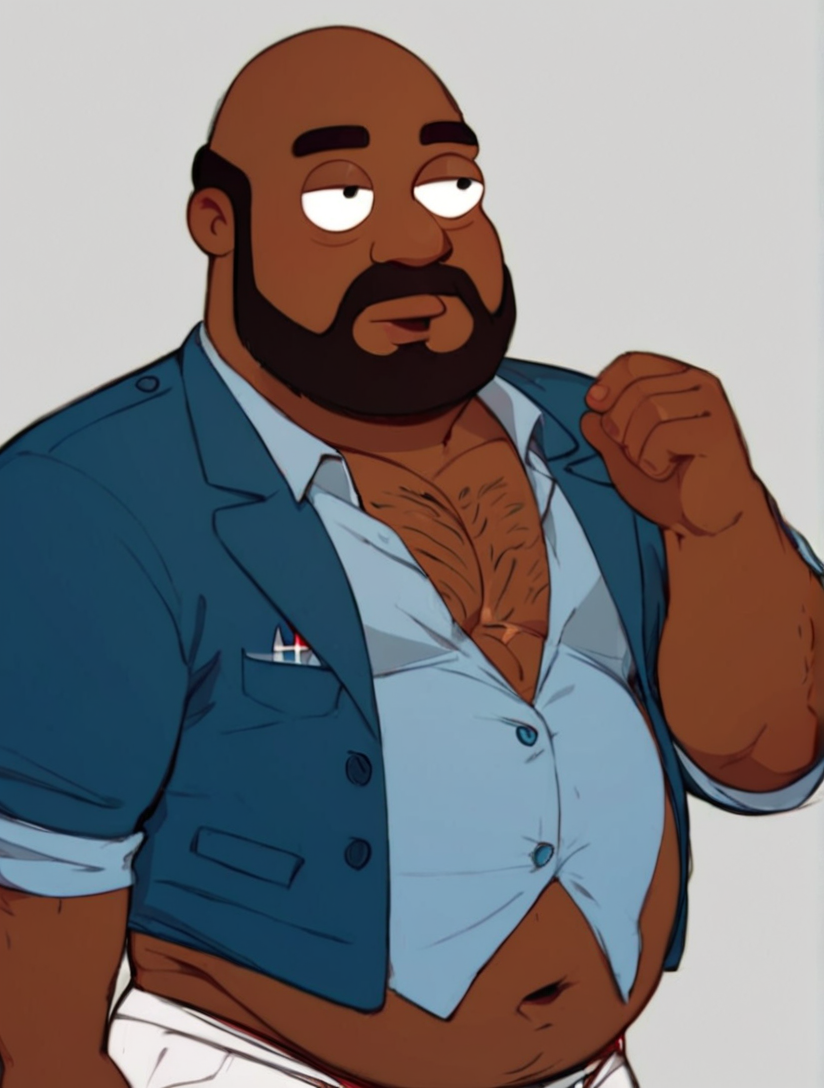 1boy, solo male, alone, ((medium shot,)),
<lora:Priuncipal_Lewis:0.7> principal lewis, american dad character, chubby, dark skin, black man, african american man, beard, bald, masculine, blue suit,, ,score_9, score_8_up,, <lora:Expressive_H:1> Expressiveh, <lora:add_details_xl:1> more detail, <lora:WildcardX-XL-Detail-Enhancer:1>