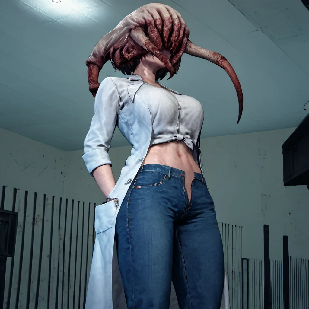 score_9, score_8_up, score_7_up, score_6_up, score_5_up, score_4_up, source_anime, female_headcrab, lab coat, zombie walk, shirt, denim