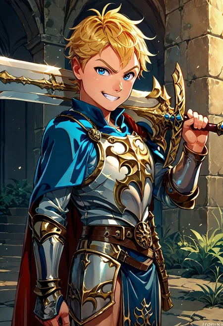 score_9, score_8_up, score_7_up, 1boy, solo, cute boy, young, blonde hair, blue eyes, angry smile, cape, breastplate, pauldrons, bracers, codpiece, loincloth, knight boy, holding sword-over-shoulder, weapon over shoulder