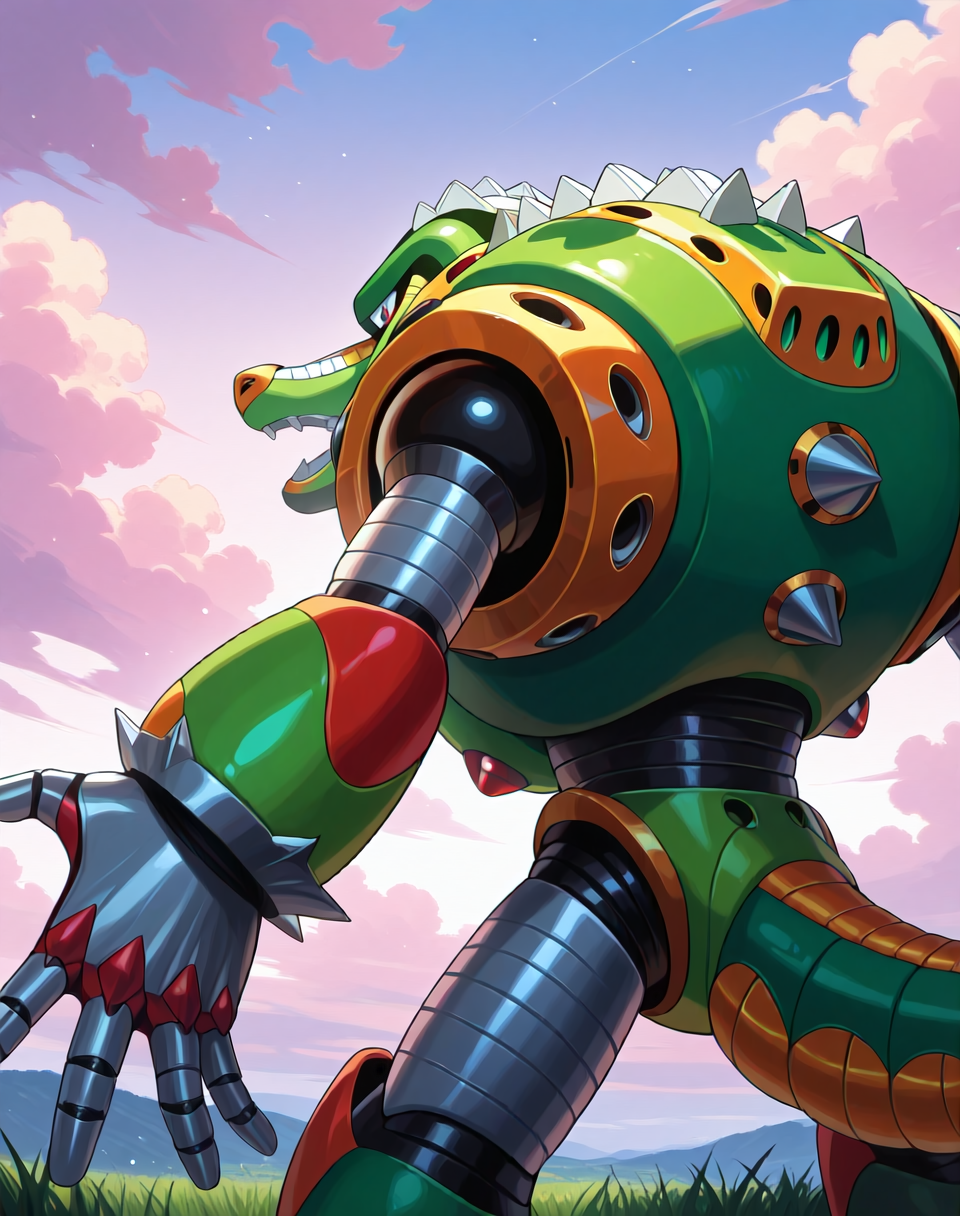 <lora:Wheel_Gator_(Mega_Man_X)_(Illustrious)_(AD):1.35> Wheel Gator, reploid, MMX, 
exterior, sky with clouds, grassy valley,
male focus, intense shadows, dynamic shadows, intricate details, attention to details, gradient coloring, bright vivid colors, robot, bent leg, glossy metal body, cowboy shot, back view, butt, 
BREAK very awe, masterpiece, best quality, amazing quality, very aesthetic, highres, absurdres, 
EZRealPONYXL, zPDXL, Smooth Quality, lazynsfw,