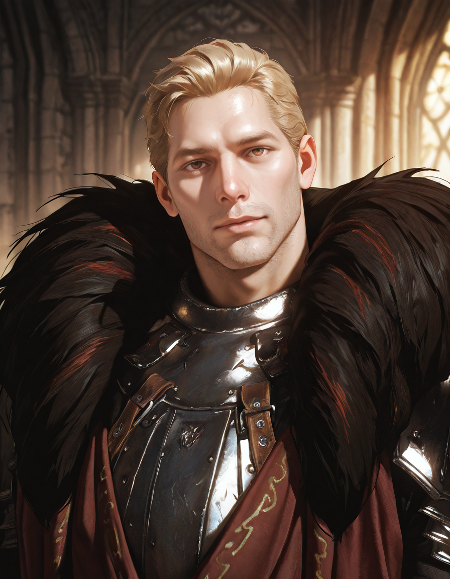 masterpiece, best quality, absurdres, newest, perfect quality, best quality, absolutely eye-catching, detailed background, intricate details, male focus, realistic, solo, <lora:Dragon Age - Cullen Rutherford - Illustrious 2_1-000006:0.7> cullen_rutherford, 1boy, mature male, brown eyes, fur-trimmed cloak, pauldrons, breastplate, shirt, upper body, head tilt, looking at viewer, three quarter view