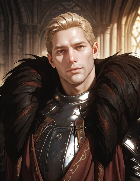 masterpiece, best quality, absurdres, newest, perfect quality, best quality, absolutely eye-catching, detailed background, intricate details, male focus, realistic, solo, <lora:Dragon Age - Cullen Rutherford - Illustrious 2_1-000006:0.7> cullen_rutherford, 1boy, mature male, brown eyes, fur-trimmed cloak, pauldrons, breastplate, shirt, upper body, head tilt, looking at viewer, three quarter view