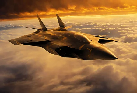 A single stealth fighter jet flies just feet above a thick cloud cover, with the sun behind it, casting a stunning yellow and orange glow over everything. The aircraft features a sleek V-wing design, reminiscent of Lockheed and Boeing's conceptual art for fifth-generation fighters and top-secret space planes. This scene evokes elements of the B-2 bomber and advanced military drones, suggesting cutting-edge technology and futuristic warfare.
Imagined as a high-detail, hyperrealistic painting, this piece combines the artistic styles of Jason Felix, Robert Peak, and John Luke, blending the realism of a movie still with the grandeur of a masterpiece. The jet, possibly part of a secret project at Roswell Air Base or a NASA endeavor, is rendered in award-winning, super high-resolution quality, suitable for 4K, 8K, or even 16K displays.