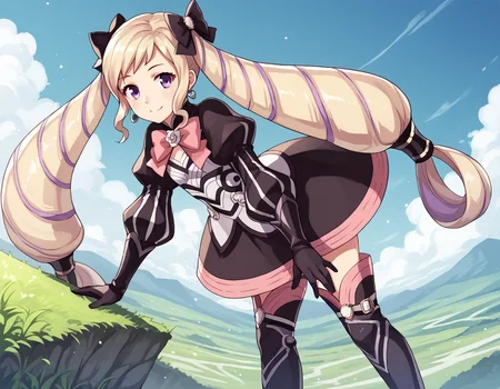 score_9, score_8_up, score_7_up, source_anime,
fireemblemelise, <lora:fire-emblem-elise-ponyxl-lora-nochekaiser:1>,
elise, blonde hair, long hair, purple eyes, purple hair, twintails, hair bow,
boots, bow, dress, earrings, gloves, high heel boots, high heels, jewelry, ribbon, thigh boots, thighhighs, zettai ryouiki, juliet sleeves, puffy sleeves,
outdoors, landscape, bent over, smile,
looking at viewer, solo, cowboy shot, dutch angle,