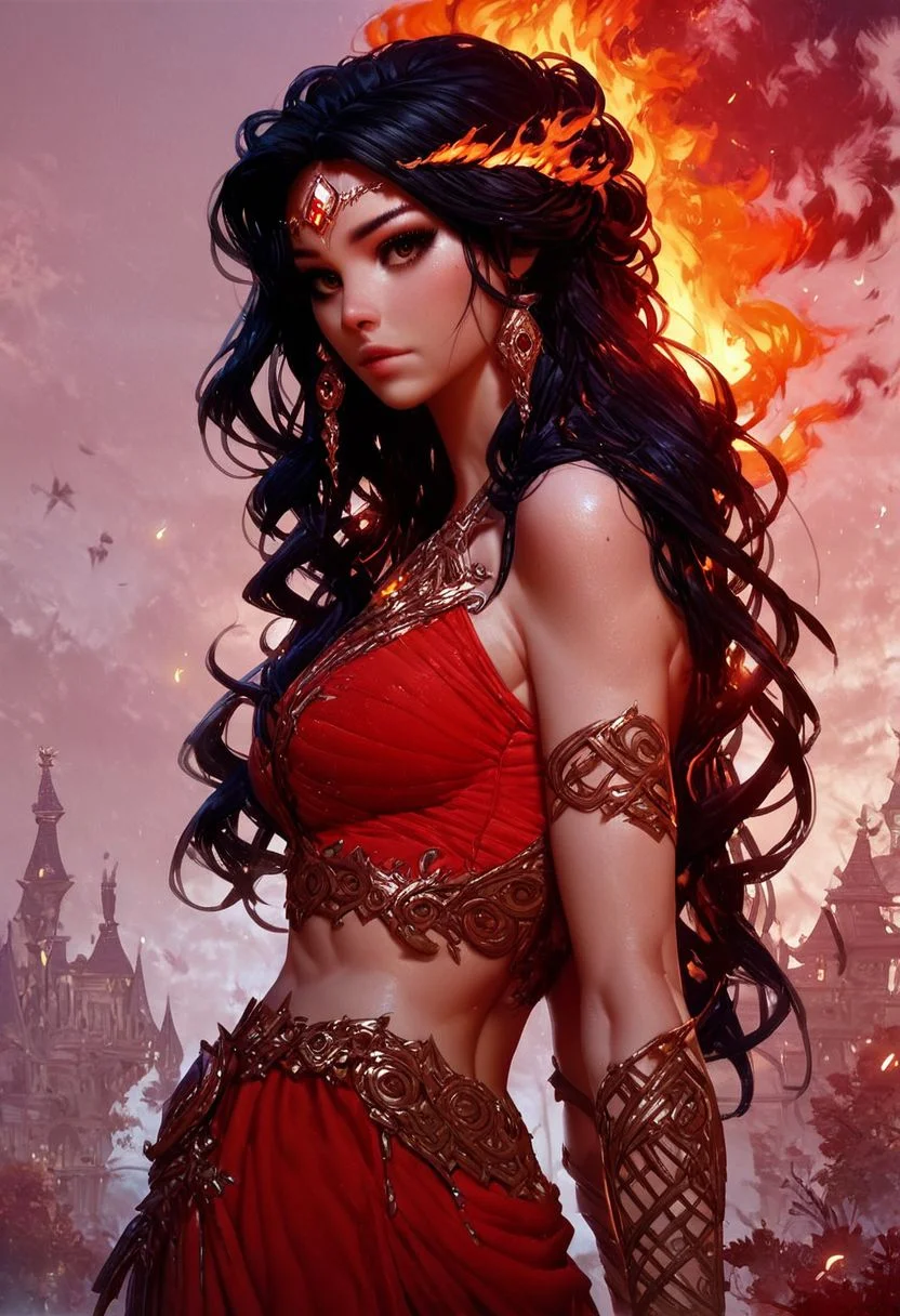 score_9, score_8_up, score_7_up, score_6_up, score_5_up, score_4_up,<lora:Fant5yP0ny:0.8>, 1girl, human, beautiful, black hair, beautiful, brown eyes, perfecteyes, beautiful, manipulating fire, red dress, midriff, sunset background, fantasy,