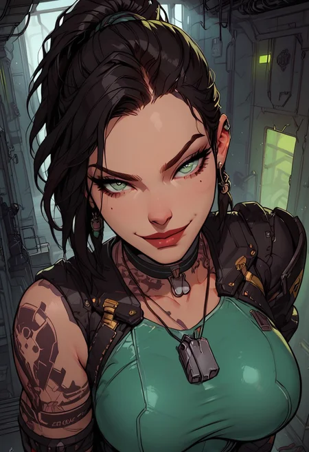Score_9, Score8_up, Score_7_up, (((High Resolution, Best Quality))), 
1girl, solo, toned arms, sleeveless, Covered in Tattoos, neck tattoos, hair tied up, black hair, green stripe in hair,
futuristic, futuristic armor, neon green lights on bodysuit, armored suit, body armor, armor, plated armor, revealing bodysuit, tight bodysuit, tactical, military gear, toxic canisters, toxic chemicals, poision vials, 
large breasts, choker, dog tags, ear piece, 
seducing, seductive, flirty, tender, loving, playful, looking at viewer, smug, 
sneaking down a hallway, sneaking, stealthy, 
inside, Military, military base, military barracks, cots, crates, military boxes, guns, bullets, supplies, armory,