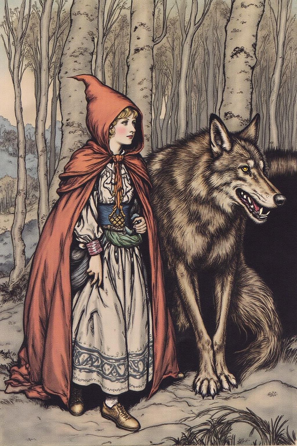 artrack1 illustration
Little Red Ridding Hood walking along side the Big Bad Wolf. <lora:artrack1_nocap_d6a3:1.0><lora:812472912058561246:0>