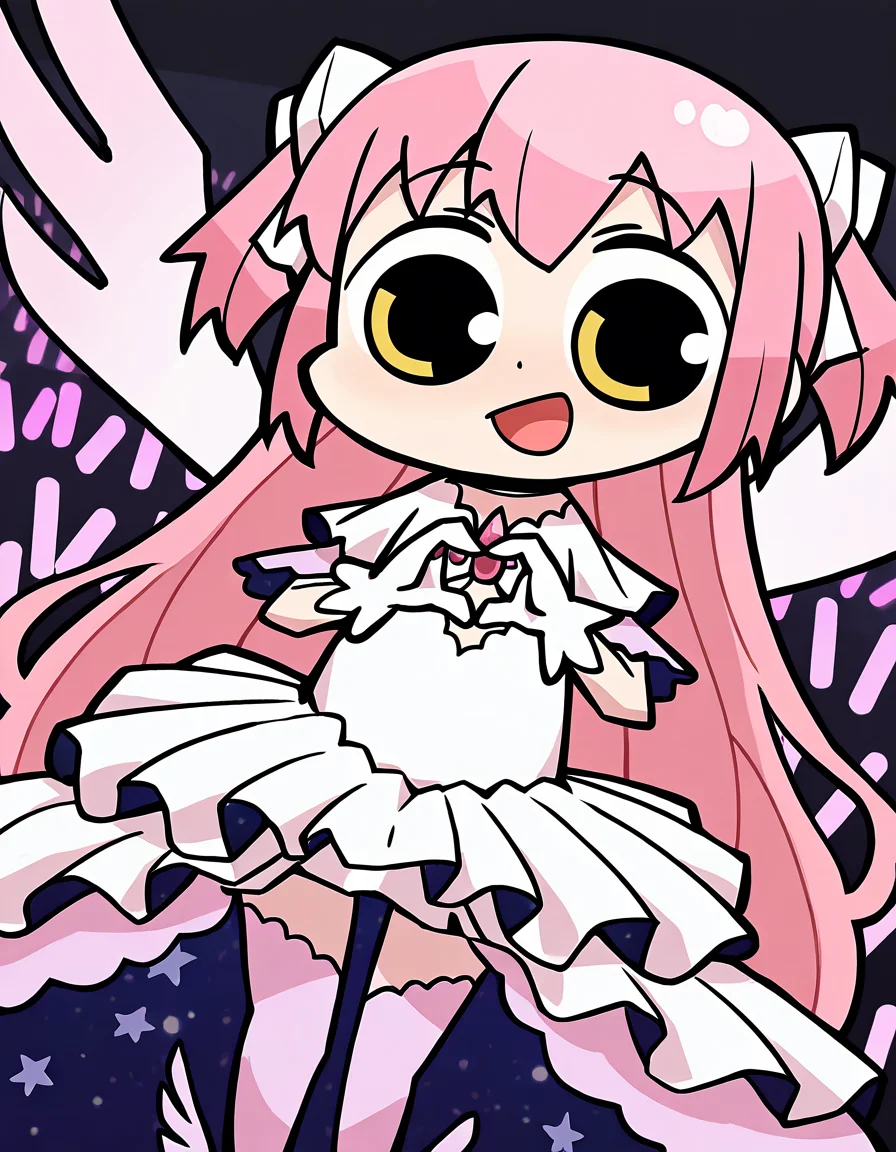 masterpiece, best quality, newest, absurdres, highres, safe, 1girl, ultimate madoka, magia record: mahou shoujo madoka magica gaiden, papa \(shimeguru\), solo, heart hands, stage, glowstick, dutch angle, <lora:20241222214529_kaname_madoka_noobaiXLNAIXL_vPred10Version:0.7>