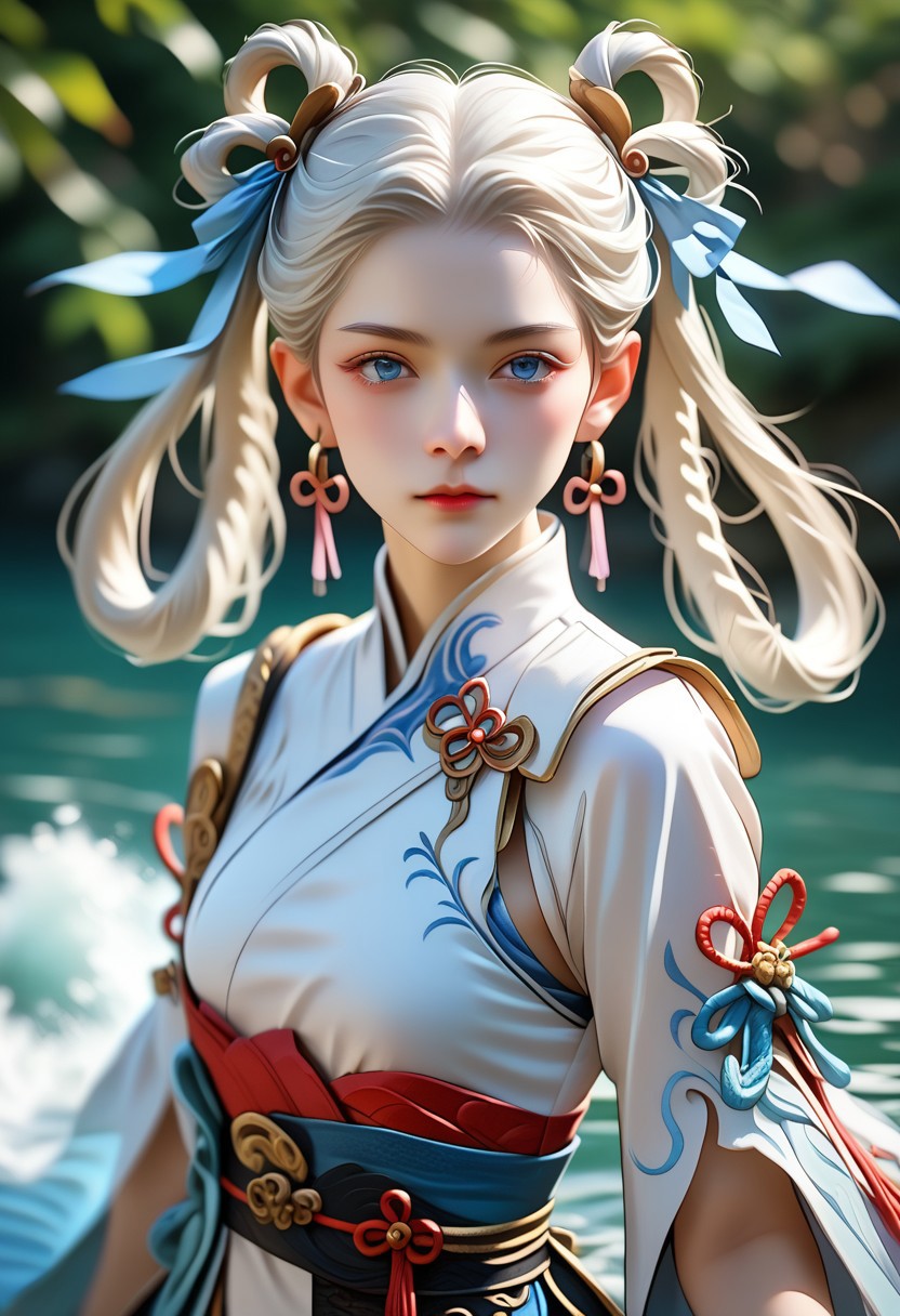 score_9_up, score_8_up, score_7_up, source_anime, extreamly detailed, beautiful detailed face, complex detailed background, 1girl, completely clothes, BREAK,
Jinhsi \(Wuthering Waves\), Jinhsi Regular Clothes, Jinhsi Weapon,
hair rings, white hair, blue hair ribbon