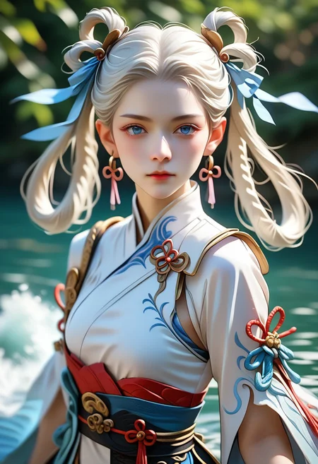 score_9_up, score_8_up, score_7_up, source_anime, extreamly detailed, beautiful detailed face, complex detailed background, 1girl, completely clothes, BREAK,
Jinhsi \(Wuthering Waves\), Jinhsi Regular Clothes, Jinhsi Weapon,
hair rings, white hair, blue hair ribbon
