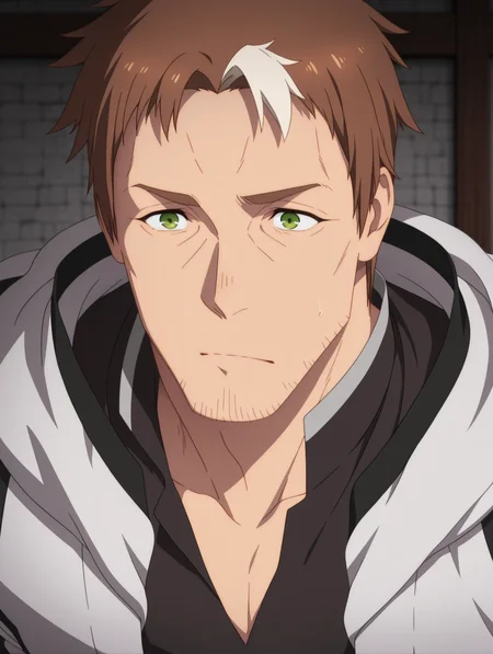 masterpiece, best quality, amazing quality, 1 boy, solo, male focus, Beryl Gardinant, brown hair, facial hair, green eyes, multicolored hair, stubble