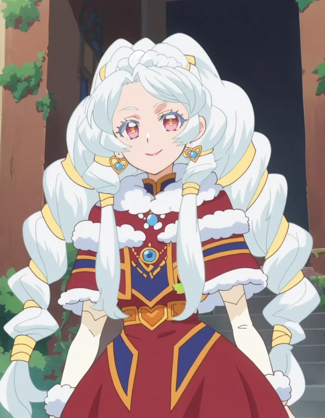 score_9, score_8_up, score_7_up, anime screencap, solo,1girl,sharon,white hair, smile, jewelry,hair onament, flower, looking at viewer, dress, earrings,braid, capelet, fur trim, twin braids,medium breasts,cowboy shot <lora:sharon_pony:0.8>