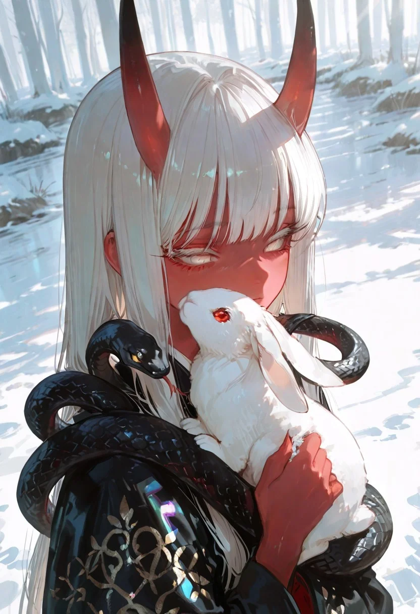 masterpiece, best quality, good quality, newest, highres, absurdres, volumetric lighting,gradient color,
BREAK
raytracing, volumetric lighting, ambient occlusion, girl, background, masterpiece, best quality, very awa, absurdres,
BREAK
Aka-Oni, oni, colored skin, (red skin:1.3), straight horns, solo, long hair, model style,
BREAK
masterpiece,amazing quality,best quality,ultra-detailed,8K,illustration,CG,shiny hair,clear skin,ultra-detailed-eyes, background,cute girl, eyelashes
BREAK,
winter, snow, ((manhwa style, semi-realistic)), ((calm expression, soft eyes, expressive eyes)), (one large snake over shoulder, black snake, iridescent black scales), cool white lighting, (looking at user, facing user, relaxed stance, tilted head), half body, dynamic pose, ((close up)), petting snake, hugging a white rabbit,