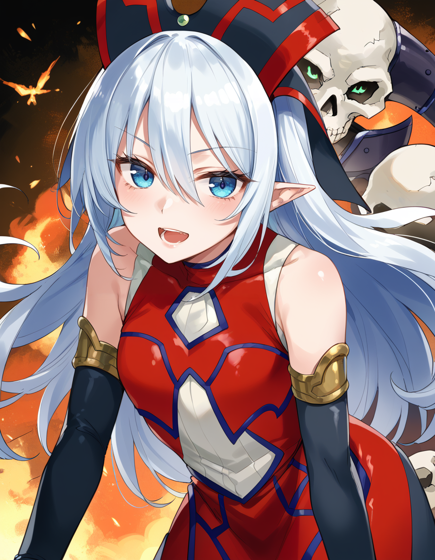 (score_9:0.9),score_8_up,score_7_up,rating_safe,anime style,(zPDXL),(zPDXL3),<lora:Ruin Queen of Oblivion ponyXL v1.1:0.8>,ruin queen of oblivion,1girl,1boy,open mouth,skull,black elbow gloves,looking at viewer,solo,red headwear,red dress,demise king of armageddon,full armor,bent over,