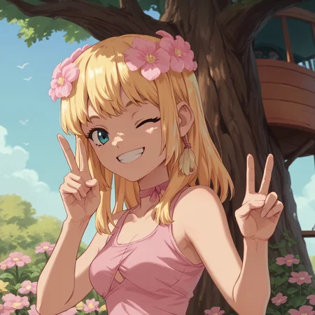 <lora:SlimesKohakuDisguise:1>, score_9, score_8_up, score_7_up, slimes_kohakudisguise, woman, solo, smiling, winking, peace handsign, blonde hair, flowers in hair, treehouse background
