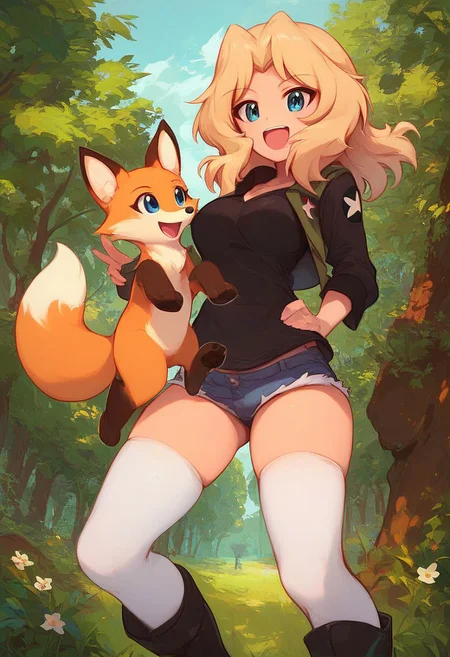 score_9, score_8_up, score_7_up, best quality, masterpiece,
1girl, Kay (Girls und Panzer), standing, legs apart, white thighhighs, black boots, black shirt, hotpants, blonde hair, blue eyes, outdoors, woods, fox, cute fox, holding fox, happy, joy,