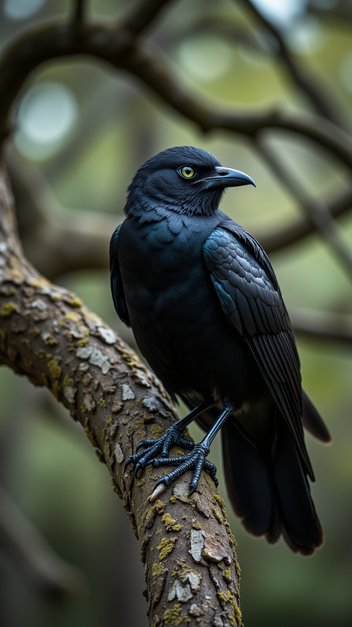 photograph, A majestic blackbird with piercing green eyes and a curved beak perches on a branch of an ancient oak tree, its wings spread wide as it surveys the landscape below. Nu Goth Art, Hasselblad, Selective focus, aidmaMJ6.1, aidmafluxpro1.1, aidmaimageupgrader